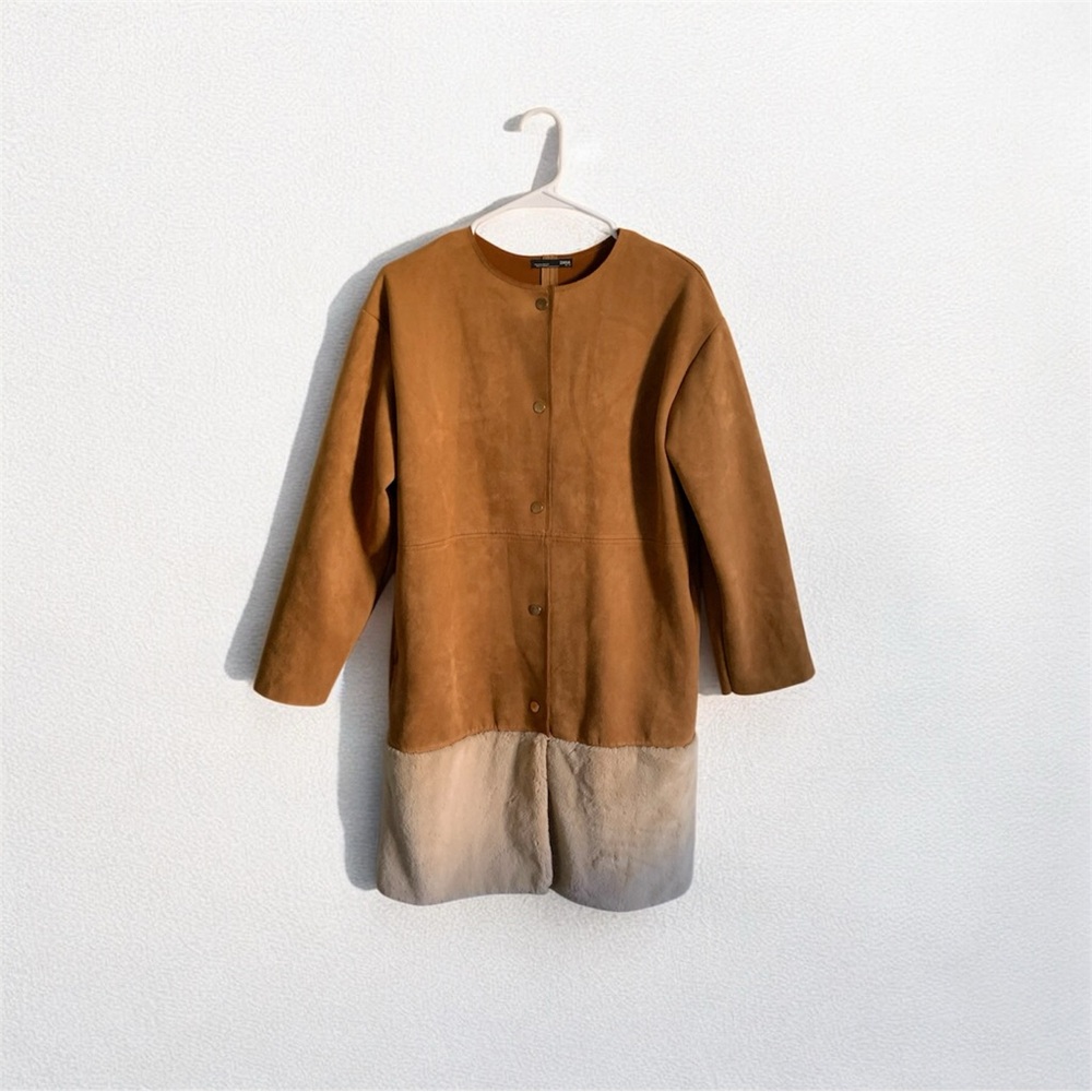Zara Brown Suede Fur Trench Coat Size Small